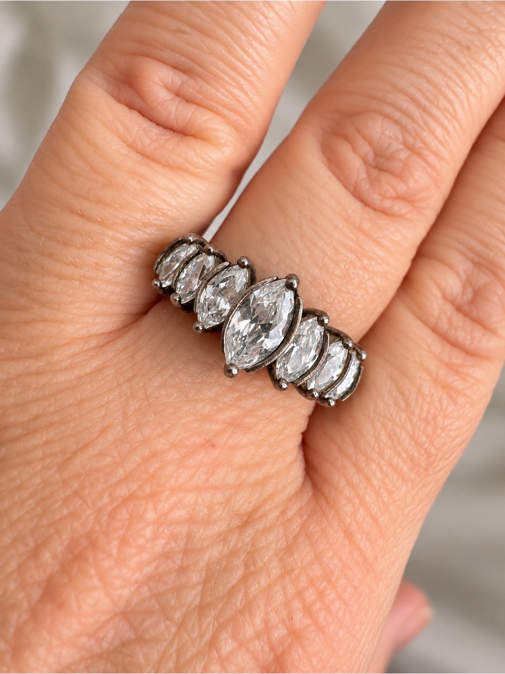 Vintage SEC 925 Sterling Silver 7 Stone Marquise Ring Size 9 Retro Cocktail Ring